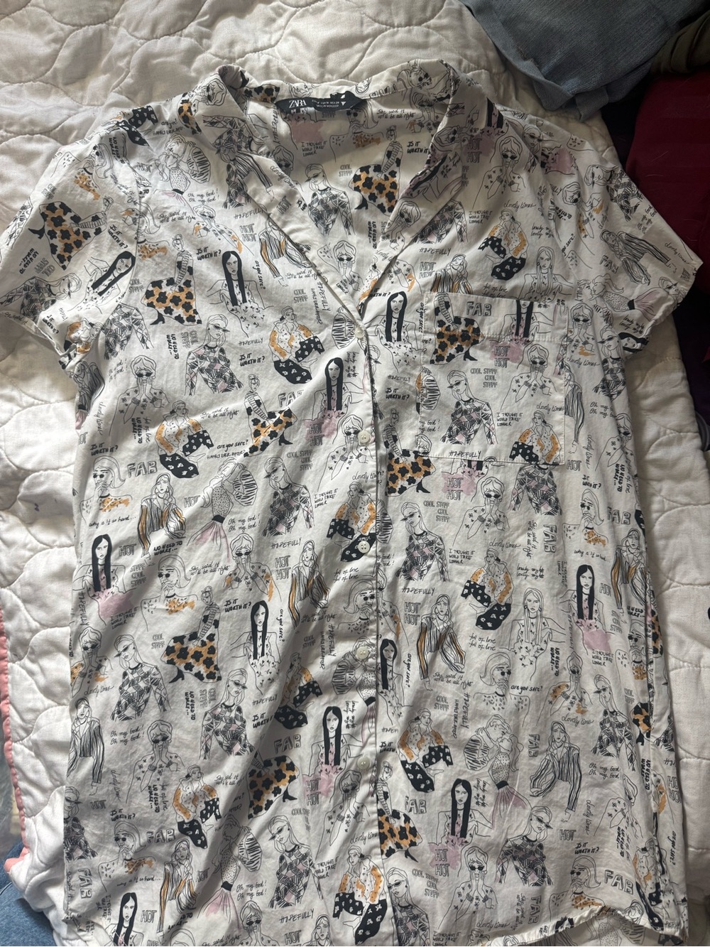 Zara White Graphic Button-Up Blouse with Black Sketch & Mustard Accents